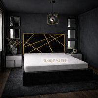Plush Velvet Black - Knightsbridge Regal Mosaic Luxury Panel Bed Frame with Gold Strip – Upholstered