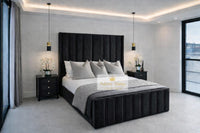 Plush Velvet Black - Aurelia Grandeur Luxury Upholstered Panel Bed – Tall Vertical Channel Headboard & Deep Padded Frame