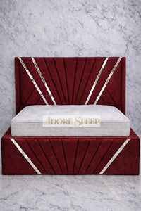 Plush Velvet Maroon - Bat Radiance Luxury Panel Bed Frame with Silver Strip – Upholstered