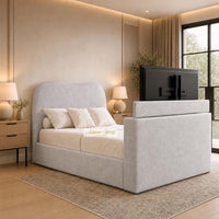 Plush Velvet Silver - Serene Luxury Curved TV Bed – Designer Upholstered Bed Frame with Integrated TV Footboard