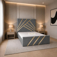 Plush Velvet Steel - Monaco Luxury Geometric Bed – Designer Upholstered Bed Frame with Metallic Inlay Detailing