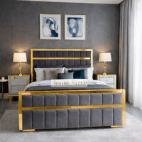 Plush Velvet Grey - Aurelius Linear Upholstered Designer Bed | Luxury Gold Frame Statement Bed