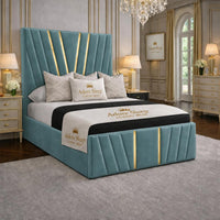 Plush Velvet Duck Egg - Valentina Royale Luxury Upholstered Bed Frame – Statement Winged Headboard, Panelled Footboard