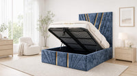 Crushed Velvet Denim Blue - Monaco V-Line Luxury Geometric Ottoman Storage Bed