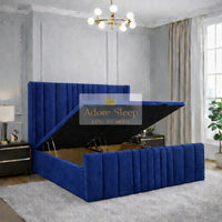 Plush Velvet Sapphire - Valmont Luxe Ottoman Divan Bed Frame – Luxury Upholstered Storage Bed with Statement Panelled Headboard