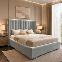 Plush Velvet Steel - Harrington Luxury Wingback Bed – Premium Upholstered Bed Frame with Tall Panel Headboard