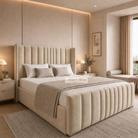 Naples Sand - Grosvenor Luxury Winged Panel Bed – Designer Upholstered Bed Frame with Statement Headboard & Footboard