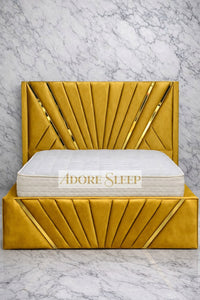 Plush Velvet Mustard Gold - Bat Luxury Panel Bed Frame with Gold Strip – Upholstered