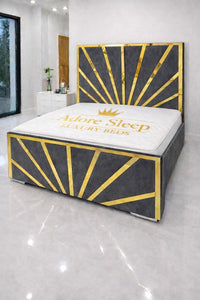 Plush Velvet Steel - Solaris Radiance Luxury Geometric Upholstered Bed Frame