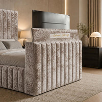 Crushed Velvet Mink - Mayfair Luxury Channelled TV Bed – Premium Upholstered Bed Frame with Integrated TV Footboard