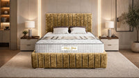 Crushed Velvet Gold - Dorchester Luxury Scalloped Panel Bed – Premium Upholstered Bed Frame with Statement Headboard