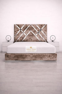 Crushed Velvet Mink - Regal Diamond Luxury Panel Bed Frame with Silver Strip – Upholstered