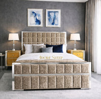 Crushed Velvet Champagne - Aurelius Linear Upholstered Designer Bed | Luxury Gold Frame Statement Bed
