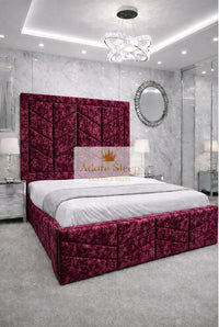 Crushed Velvet Aubergine - Valencia Royale Luxury Upholstered Bed – Geometric Chevron Panel Headboard & Statement Footboard