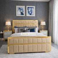 Naples Beige - Aurelius Linear Upholstered Designer Bed | Luxury Gold Frame Statement Bed