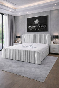 Naples Silver - Spencer Luxury Curved Fluted Bed Frame with Gold Strip – Upholstered