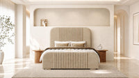 Plush Velvet Beige - Beaumont Arc Luxury Ribbed Ottoman Storage Bed