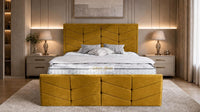 Plush Velvet Mustard Gold - Valentina Luxury Chevron Panel Bed – Designer Upholstered Bed Frame with Statement Headboard & Footboard