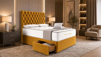 Plush Velvet Mustard Gold - Regency Diamond Luxury Divan Bed – Deep Button-Tufted Headboard with Premium Upholstered Frame & Storage