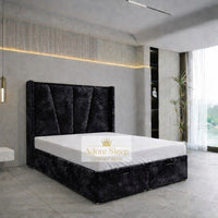 Crushed Velvet Black - Valençay Flared Sunburst Wingback Bed | Luxury Divan Ottoman Upholstered Bed Frame