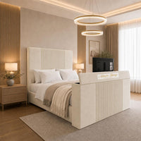 Naples Cream - Knightsbridge Luxury Fluted TV Bed – Designer Upholstered Bed Frame with Integrated TV Footboard