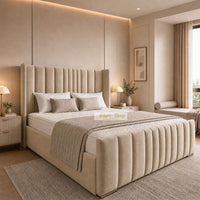 Plush Velvet Beige - Grosvenor Luxury Winged Panel Bed – Designer Upholstered Bed Frame with Statement Headboard & Footboard