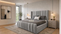 Plush Velvet Silver - Mayfair Luxury Panelled Bed – Premium Upholstered Bed Frame with Statement Headboard & Footboard