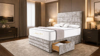 Crushed Velvet Champagne - Monaco Luxe Luxury Divan Bed – Premium Upholstered Panelled Headboard with Storage