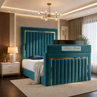 Plush Velvet Teal - Kensington Luxury TV Bed – Upholstered Bed Frame with Statement Panel Headboard & TV Footboard