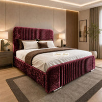 Crushed Velvet Aubergine - Beaumont Luxury Fluted Wing Bed – Designer Upholstered Bed Frame with Statement Headboard & Footboard