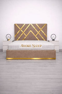 Naples Mink - Regalia Noir Luxury Upholstered Bed – Geometric Designer Headboard with Metallic Accent Detailing