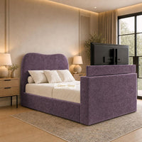 Naples Purple - Serene Luxury Curved TV Bed – Designer Upholstered Bed Frame with Integrated TV Footboard