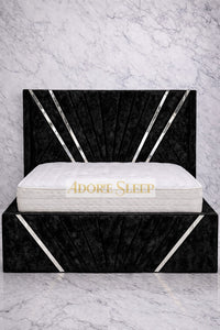 Crushed Velvet Black - Bat Radiance Luxury Panel Bed Frame with Silver Strip – Upholstered