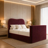 Plush Velvet Maroon - Serene Luxury Curved TV Bed – Designer Upholstered Bed Frame with Integrated TV Footboard