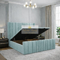 Plush Velvet Duck Egg - Valmont Luxe Ottoman Divan Bed Frame – Luxury Upholstered Storage Bed with Statement Panelled Headboard