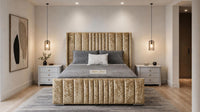 Crushed Velvet Gold - Mayfair Luxury Panelled Bed – Premium Upholstered Bed Frame with Statement Headboard & Footboard