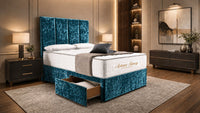Crushed Velvet Teal - Kensington Grande Luxury Divan Bed – Premium Upholstered Bed Frame with Tall Vertical Panel Headboard
