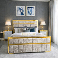 Crushed Velvet Champagne - Aurelius Linear Upholstered Designer Bed | Luxury Gold Frame Statement Bed