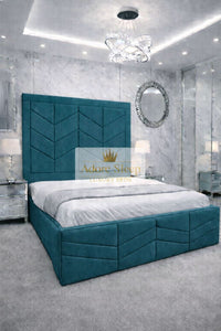 Plush Velvet Teal - Valencia Royale Luxury Upholstered Bed – Geometric Chevron Panel Headboard & Statement Footboard