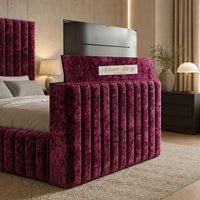 Crushed Velvet Aubergine - Mayfair Luxury Channelled TV Bed – Premium Upholstered Bed Frame with Integrated TV Footboard