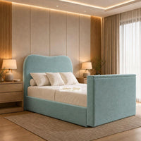Plush Velvet Duck Egg - Serene Luxury Curved TV Bed – Designer Upholstered Bed Frame with Integrated TV Footboard