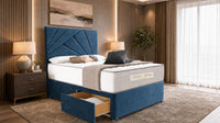 Naples Blue - Aurelia Geometric Luxe Divan Bed with Statement Panelled Headboard & Storage