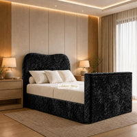 Crushed Velvet Black - Serene Luxury Curved TV Bed – Designer Upholstered Bed Frame with Integrated TV Footboard