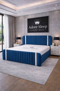 Naples Blue - Spencer Luxury Curved Fluted Bed Frame with Gold Strip – Upholstered