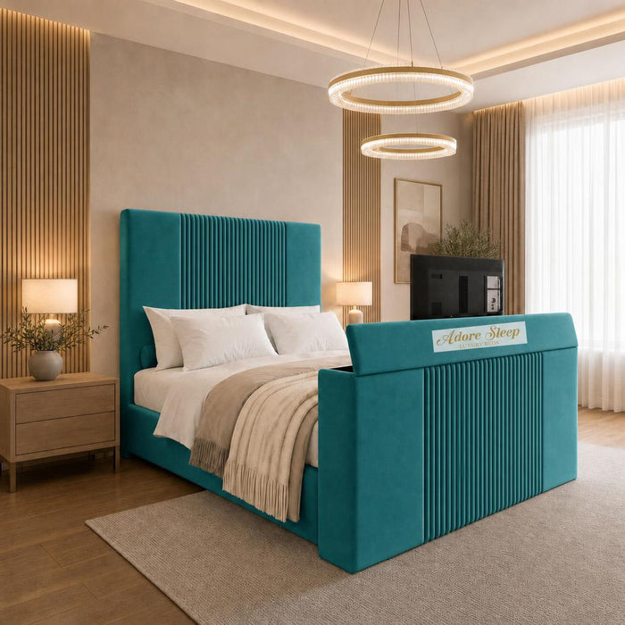 Plush Velvet Teal - Knightsbridge Luxury Fluted TV Bed – Designer Upholstered Bed Frame with Integrated TV Footboard