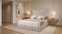 Crushed Velvet Champagne - Chelsea Luxury Channel Panel Bed – Premium Upholstered Bed Frame with Statement Headboard