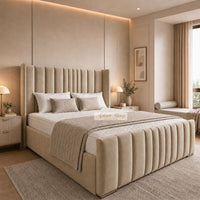 Naples Beige - Grosvenor Luxury Winged Panel Bed – Designer Upholstered Bed Frame with Statement Headboard & Footboard
