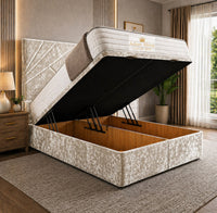 Crushed Velvet Cream - Meridian Abstract Geometry Ottoman Divan Bed | Luxury Hydraulic Storage Bed Frame