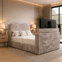 Crushed Velvet Mink - Serene Luxury Curved TV Bed – Designer Upholstered Bed Frame with Integrated TV Footboard
