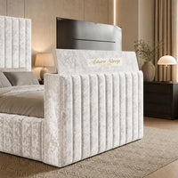 Crushed Velvet White - Mayfair Luxury Channelled TV Bed – Premium Upholstered Bed Frame with Integrated TV Footboard